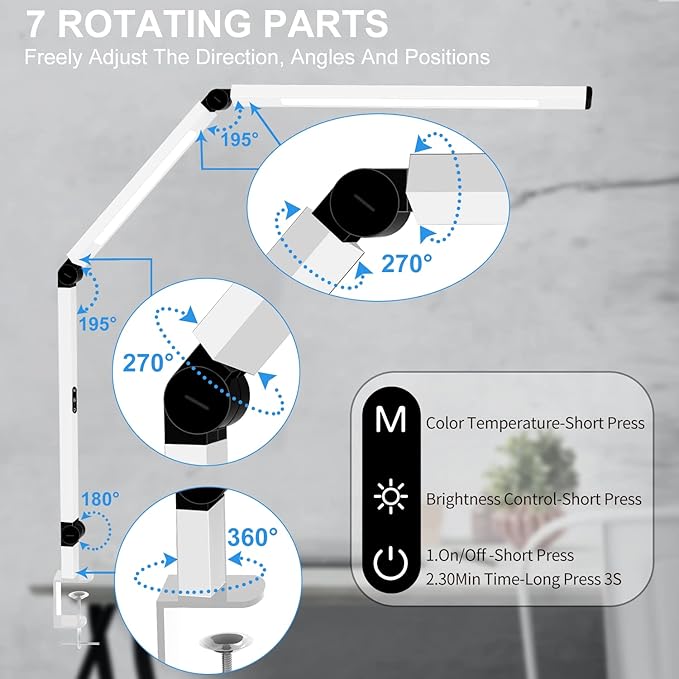Micomlan LED Desk Lamp for Home Office, Architect Clamp Desk Lamp with Remote Control, Adjustable Swing Arm Clamp on Desk Light Clip-on Dual Light 5 Brightness Levels & 4 CCT Modes Table Light