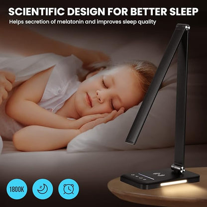 LED Desk Lamp with Night Light, Fast Wireless Charger, USB Charging Port, 10 Brightness, 5 Color Modes, Dimmable Bedside Table Lamp for Bedroom, Touch Control, Auto Timer, 1200Lux Super Bright