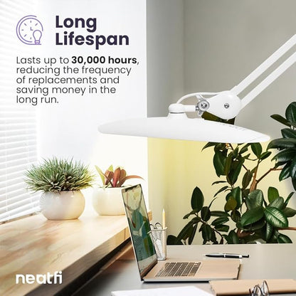 Neatfi XL 2,200 Lumens LED Task Lamp, 24W Super Bright Desk Lamp, 117 Pcs SMD LED, 4 Level Brightness, Dimmable, Task LED Light for Home, Office, Workbench (CCT, White)