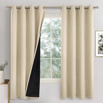 Beige Blackout Curtains for Bedroom 63 Inch Length 2 Panels Set, Thermal Insulated 100% Light Blocking Soundproof Grommet Window Curtains for Living Room with Black Liner, Each 52 Inch Wide