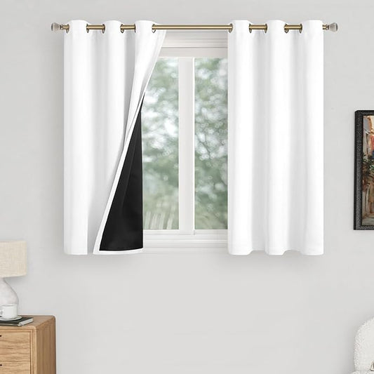 Short Blackout Curtains for Bedroom 40 Inch Length 2 Panels Set, Thermal Insulated Sun Blocking Soundproof Grommet Basement/Bathroom Window Curtains, Each 42 Inch Wide, Pure White