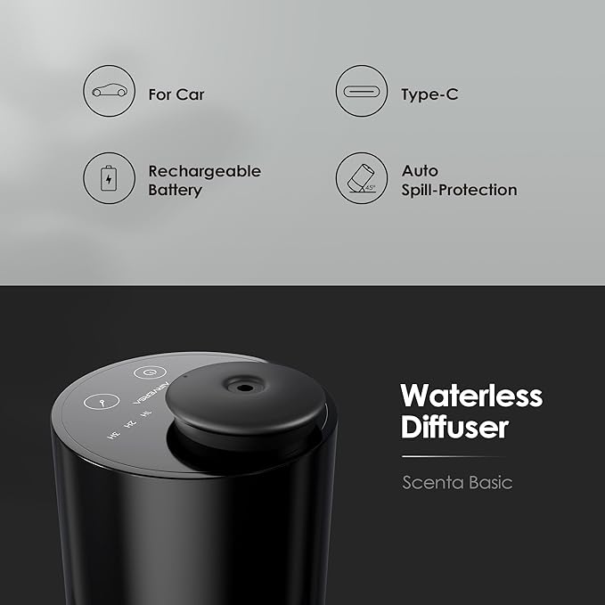 Waterless Diffuser for Essential Oil Nebulizer Battery Operated Mini Scent Air Machine Aromatherapy Atomizing Diffuser 1/2/3H/Continous Mode 3 Mist Level for Home Room Cars Office AN6 Black