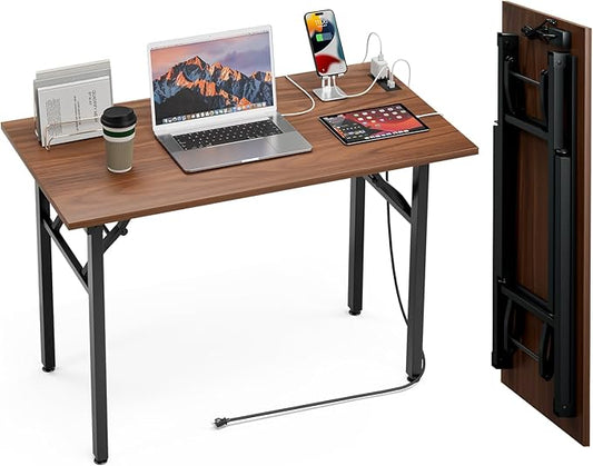 TEMI Small Computer Desk Folding Table - No Assembly, Compact 43.3" Foldable Desk with Power Outlets & USB Charging Port, Portable Small Office Desk, Ideal Mini Study Table for Small Spaces Walunt