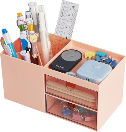 LETURE Office Desk Organizer with drawer, Office Supplies and Desk Accessories, Business Card/Pen/Pencil/Mobile Phone/Stationery Holder Storage Box (Pink)