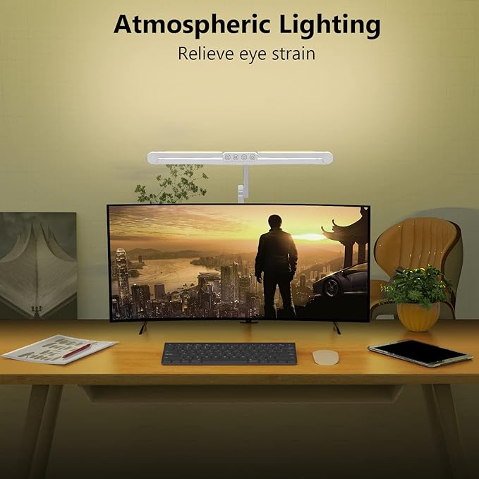 Micomlan Led Desk Lamp for Home Office, White Architect Desk Lamp with Clamp for Crafting, 24W Bright Rotatable Led Desk Light Stepless Dimming Tempering Wide Table Light with Atmosphere Lighting