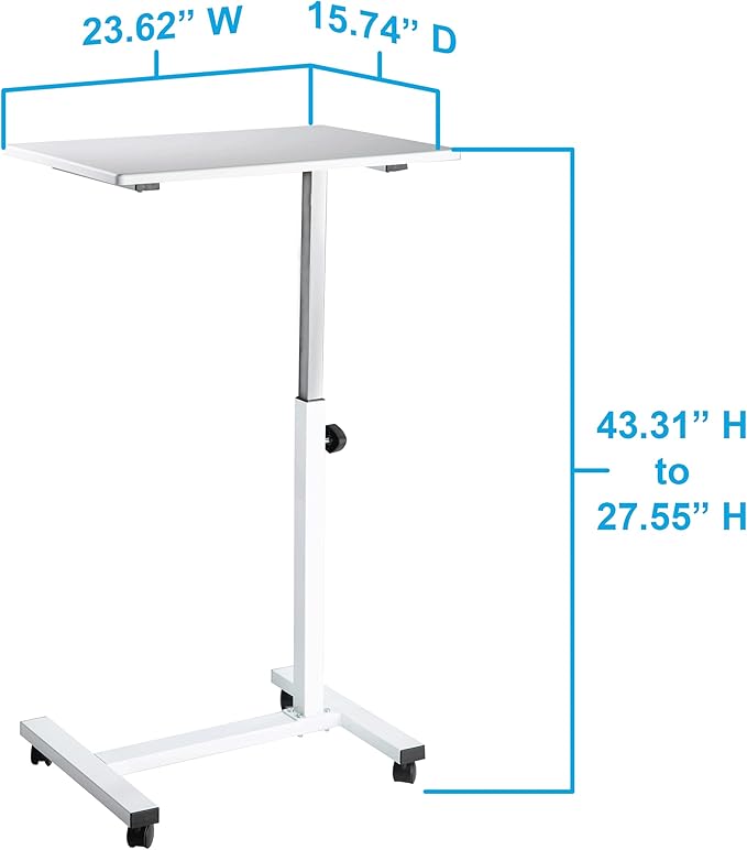 Seville Classics Solid-Top Height Adjustable Mobile Laptop Computer Desk Cart Ergonomic Home Office Stand Rolling Table, Overbed (23.6"), White