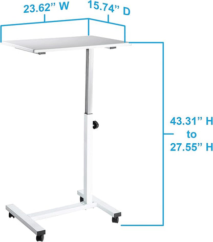 Seville Classics Solid-Top Height Adjustable Mobile Laptop Computer Desk Cart Ergonomic Home Office Stand Rolling Table, Overbed (23.6"), White