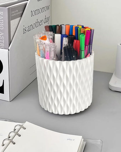 Rotating Pen Pencil Holder for Desk, 5 Slots Unique White Desk Pen Organizer Easthetic Desktop Supplies and Accessories for Women Girls, Pen Cup Pencil Caddy for Office Home Art Supply