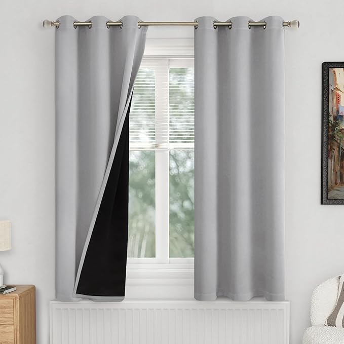 Light Grey Blackout Curtains for Bedroom 63 Inch Length 2 Panels, 100% Light Blocking Thermal Insulated Soundproof Grommet Curtains with Thick Black Liner for Narrow Window, Each 38 Inch Wide