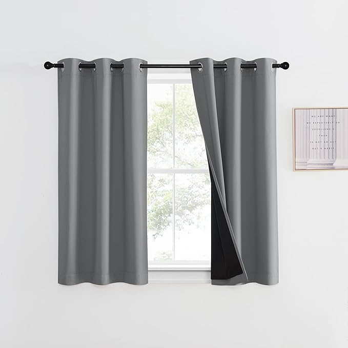 NICETOWN 100% Blackout Curtain with Black Liner, Thermal Insulated Full Blackout 2-Layer Lined Curtain, Energy Efficiency Window Drapery for Dining Room (Silver Grey, 1 Panel, 42-inch W by 45-inch L)