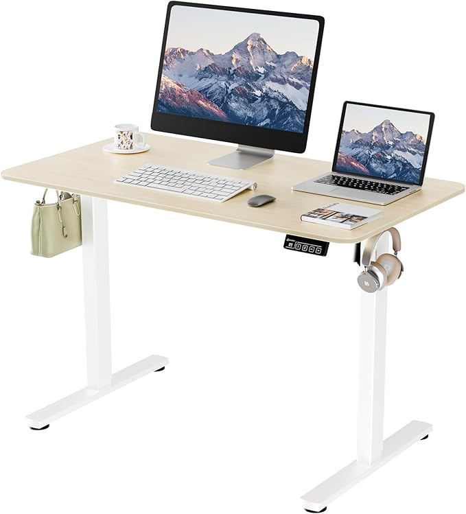 Electric Standing Desk, 43.3" x 23.6" Height Adjustable Sit Stand Desk with Splice Board for Home Office, Computer Desk Memory Preset (White Frame, Gold Oak Desktop)