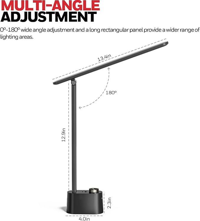 Honeywell Sunturalux™ LED Desk Lamp with USB Charging Ports HWT-H01 - Stepless Dimmable Eye Caring Desk Light for Home Office Bedroom Bedside College Dorm, Foldable Table Lamp Reading Lamp Black