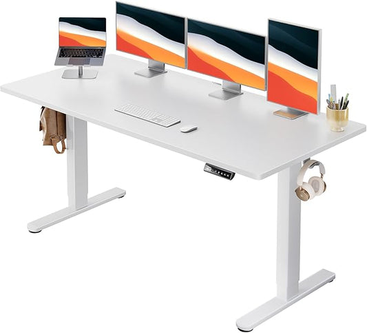 HUANUO Electric Standing Desk, 60" x 24" Whole Piece Desktop, Adjustable Height Computer Desk, 4 Height Memory Settings, Sit Stand Up Desk for Home Office, White