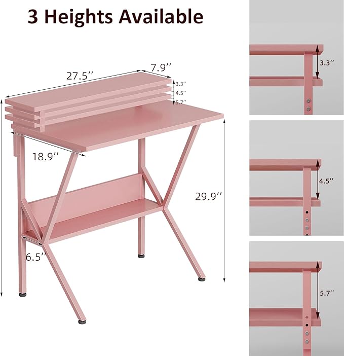 COTUBLR Small Desk, 27.5 Inch Small Computer Desk for Small Spaces, Computer Desk with Adjustable Monitor Stand, Compact Desk with Storage, Tiny Desk Study Desk for Bedroom Home Office, Pink