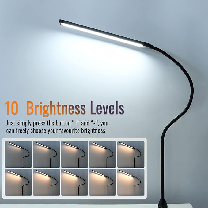 LED Desk Lamp with Clamp, Clamp Light, Tall Desk Lamp with Long Gooseneck, 11W, 850 LMS, 3 Color Modes, 10 Brightness Levels, Eye-Caring, Clip on Desk Light for Reading, Home, Office