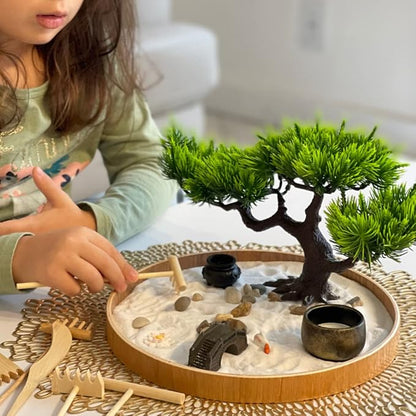 Japanese Zen Garden for Desk - Zen Garden Sand Kit, Artificial Bonsai Tree, Rakes & Accessories - Japanese Decor Office Home Desktop Relaxation Sandbox Decor. 9.5" Inches Wooden Round Tray