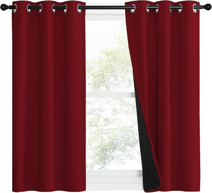 NICETOWN 100% Blackout Curtains with Black Liner Backing, Thermal Insulated Curtains for Living Room, Noise Reducing Drapes for Christmas, Burgundy Red, 37" x 40" Per Panel, Set of 2