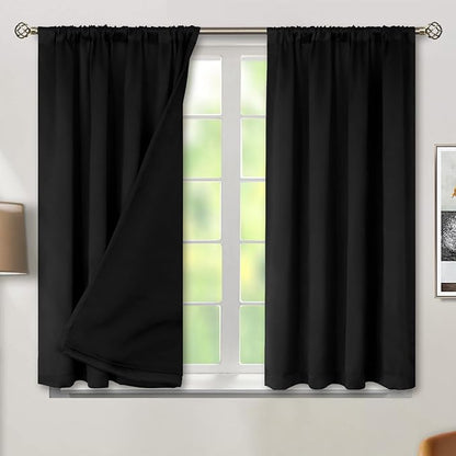 BGment Black Black Out Curtains for Bedroom Window 2 Panels Set, Bedroom Curtains Double Layer 100% Room Darkening Thermal Insulated Rod Pocket Window Curtains with Black Liner, Each 52 x 54 Inch,