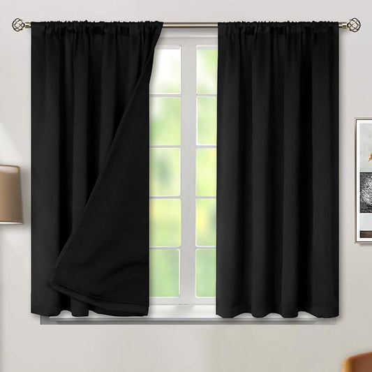 BGment Short Blackout Curtains for Small Window 54 Inch Length, Room Darkening Thermal Insulated Noise Reducing Window Curtains with Rod Pocket, 2 Panels, Each Panel 46 Inch Wide, Black