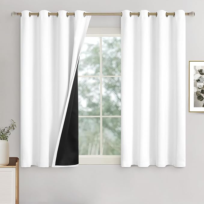 White Blackout Curtains 54 Inches Length 2 Panels Set for Bedroom, Thermal Insulated 100% Light Blocking Soundproof Grommet Window Curtains with Thick Black Liner, Each 52 Inches Wide