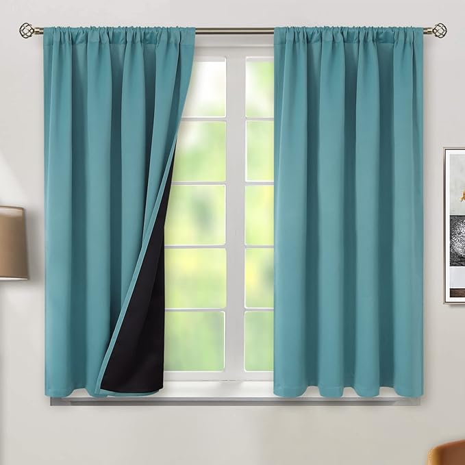 BGment Thermal Insulated 100% Blackout Curtains for Bedroom with Black Liner, Double Layer Full Room Darkening Noise Reducing Rod Pocket Curtain (52 x 54 Inch, Sea Teal, 2 Panels)