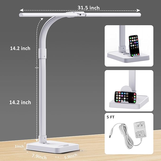 LED Desk Lamp for Home Office, 24W Bright Desk Lamp with Phone Holder Base - 25 Lighting Modes Eye-Caring Desk Light Adjustable Gooseneck Lamp for Workbench Drafting Reading Study-White