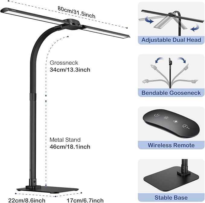 Desk Lamp with USB Charging Port for Home Office 24w Architect Remote Base Dual Task Led Light Modern 5 Color Modes Dimmable Adjustable Gooseneck Double Head Reading Drafting Eye Caring Tall Lamps