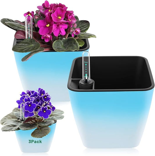 Self Watering Planters for Indoor Plants : 5 inch 3 Pack Gradient Blue Planter with Water Level Indicator African Violet Self Watering Flower Pot for Herb pots House Plant