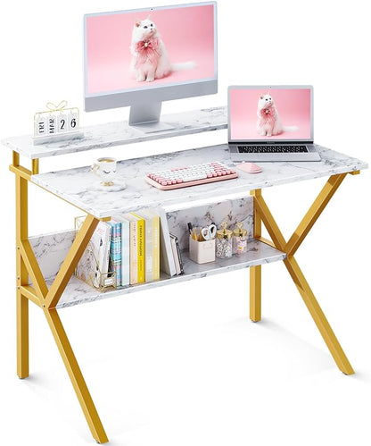 ODK Small Desk, 27.5 Inch Small Computer Desk for Small Spaces, Compact Desk with Storage, Tiny Desk Study Desk with Monitor Stand for Home Office, White Marble + Gold Leg