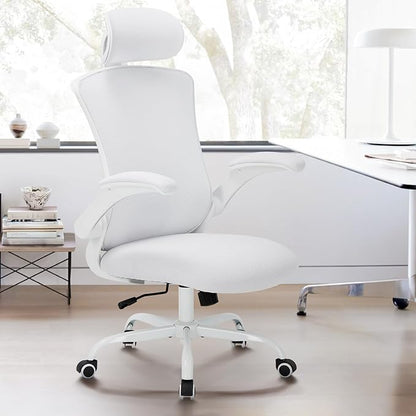 Ergonomic Mesh Office Chair, High Back Executive Desk Chair with Adjustable Headrest and Lumbar Support, Flip-Up Arms, Rocking, Swivel Rolling Computer Mesh Chair for Home Office-White