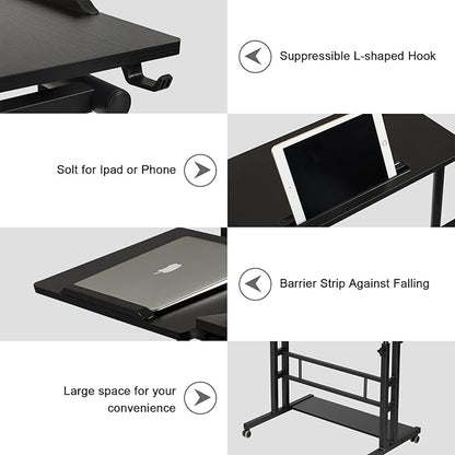 Hadulcet Stand Up Desk, Rolling Desk Adjustable Height, Mobile Standing Desk with Wheels & Charging Station, Portable Desk for Laptop, Rolling Computer Cart TV Tray, Small Standing Desk Drawing Desk