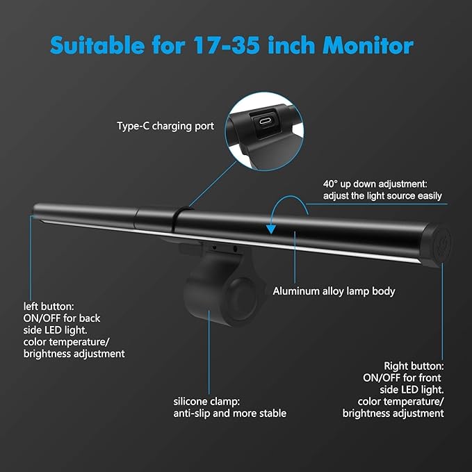 OOWOLF Monitor Light Bar with Backlight CRI≥95, Screen Light Bar, Desk Lamp for Eye-Caring,Dual Light,Filter Blue-Light,3-Color Mode,Memory Dimming,e-Reading Task Lamp,Computer Light for Home Office