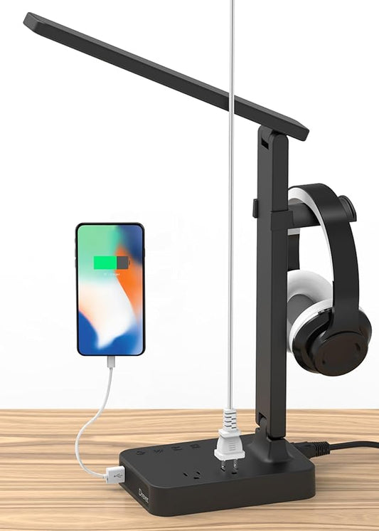 Drevet LED Desk Lamp with Headphone Stand, Desk Light with 1 USB Charging Port and 2 AC Power Outlet, 3 Lighting Modes, 3 Level Brightness,1H Timer, Memory Function, Eye-Caring Gaming Desk Lamp