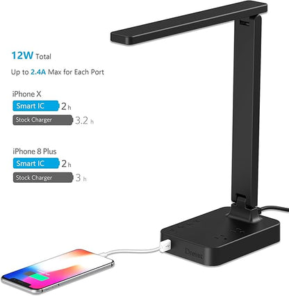 Drevet LED Desk Lamp, Desk Light with 1 USB Charging Port and 2 AC Power Outlet, 3 Lighting Modes, 3 Level Brightness,1H Timer, Touch Control, Eye-Caring Home Office Foldable Table Lamp (Black)