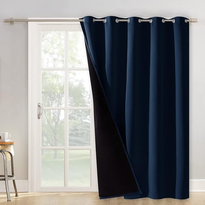 NICETOWN 100% Blackout Cold Blocking Patio Sliding Door Curtain, Wide Lined Drape, Keep Warm Drapery, Sliding Glass Door Panel for Night Shift（Navy Blue, 1 Panel, 62 inches Wide x 84 inches Long