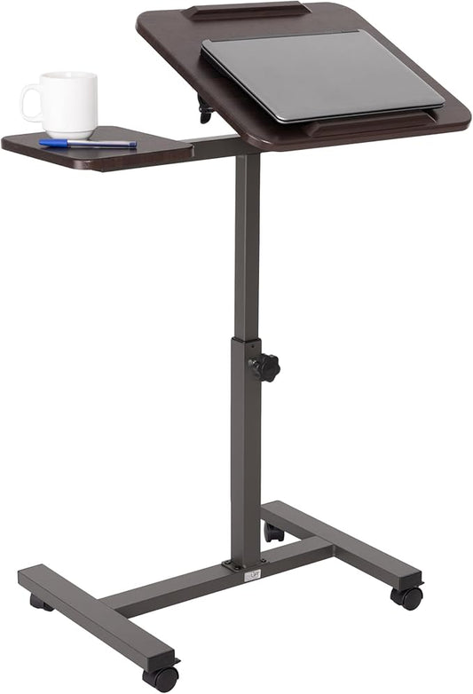 Seville Classics Airlift Height Adjustable Mobile Rolling Laptop Cart Computer Workstation Desk Home, Office, Classroom, Hospital, w/Wheels, Tilt w/Side Table (28") (New Model), Walnut