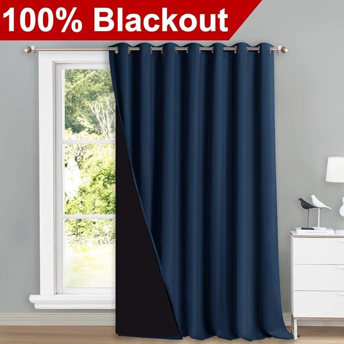 NICETOWN Sound Reducing Room Divider Curtains, 100% Blackout Patio Curtain, Wide Lined Drape, Keep Warm Drapery, Sliding Glass Door Panel for Night Shift（Navy, 1 Panel, 100" Wide x 108" Long