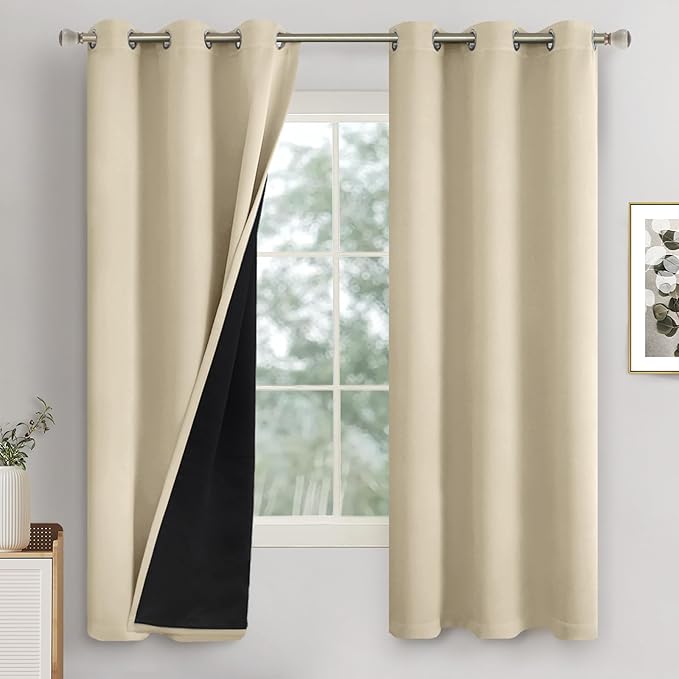 Blackout Curtains for Bedroom 63 Inch Length 2 Panels Set, Full Room Darkening Thermal Insulated Light Blocking Soundproof Grommet Window Curtains, Each 42 Inch Wide, Beige