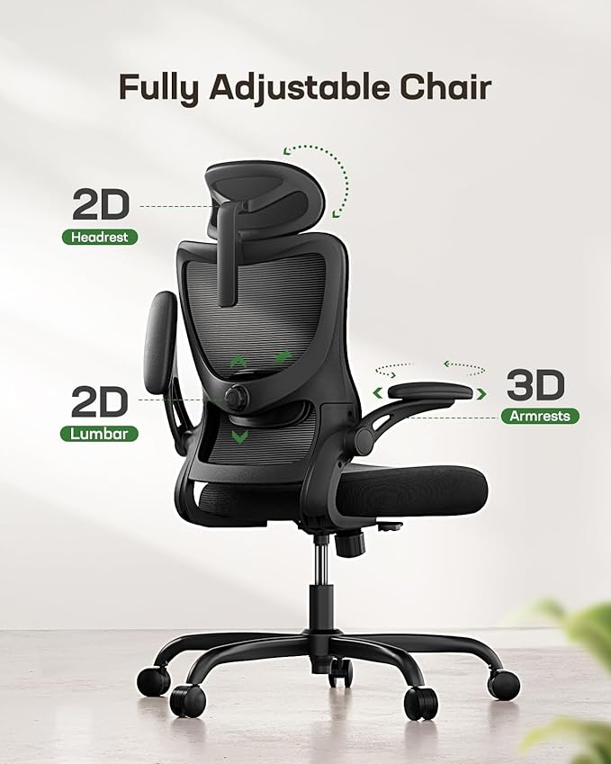 Marsail Ergonomic Office Chair: Office Computer Desk Chair with High Back Mesh and Adjustable Lumbar Support Rolling Work Swivel Task Chairs with Wheel 3D Armrests and Headrest