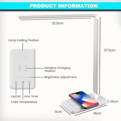 LED Desk Lamp with Wireless Charger, USB Charging Port, Desk Light with 10 Brightness, 5 Color Modes, Dimmable Eye Caring Reading Desk Lamps for Home Office, Touch Control, Auto Timer, White