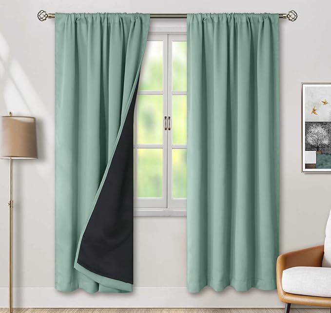 BGment 100% Blackout Curtains for Bedroom with Black Liner, Double Layer Full Room Darkening Noise Reducing and Thermal Insulated Rod Pocket Curtain (52 x 84 Inch, Frosty Green, 2 Panels)