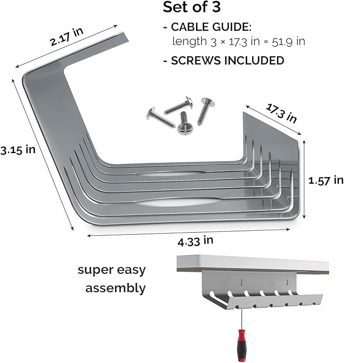 PAMO Cable Management Under Desk for Easy mounting Under-Table I Set of 3 - with 10X Cable Ties I Desk Organizer for Office/Home Office Table Thoughtful Cable Tray Holder