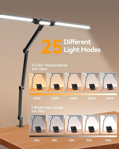 LED Desk Lamp for Home Office, Architect Desk Light with Clamp and 180° Rotatable Swing Arm, 24W Ultra Bright Auto Dimming Computer Light, Stepless Dimming and Tempering Table Light for Video Calls