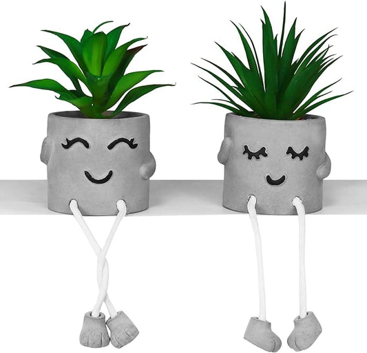 Zerzsy Faux Succulents in Cement Pots with Hanging Leg, Potted Mini Fake Plants for Desk Decor,Kitchen Shelf Decor, Office Decor for Women,Bathroom Shelf Plants Decoration- Set of 2