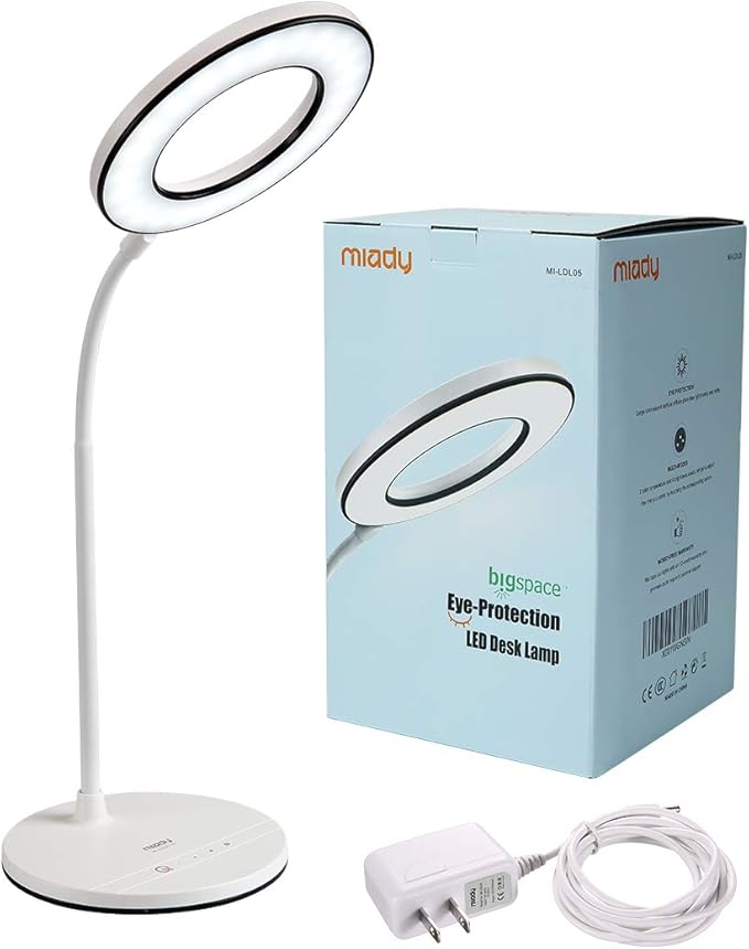 Miady LED Desk Lamp Eye-Caring Table Lamp, 3 Color Modes with 4 Levels of Brightness, Dimmable Office Lamp with Adapter, Touch Control Sensitive, 360° Flexible