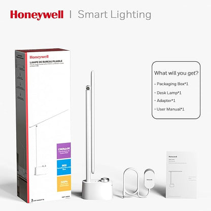 Honeywell LED Desk Lamp with USB Charging Ports - Sunturalux™ HWT-H01 Stepless Dimmable Eye Caring Table Lamp for College Dorm Home Office, Foldable Small Bedside Lamp for Bedroom with Base White