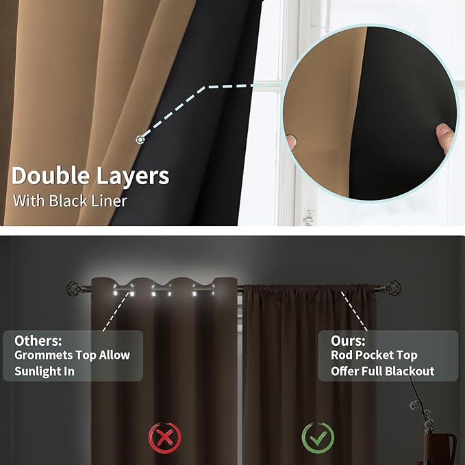 BGment Thermal Insulated 100% Blackout Curtains for Bedroom with Black Liner, Double Layer Full Room Darkening Noise Reducing Rod Pocket Curtain (42 x 63 Inch, Taupe, 2 Panels)