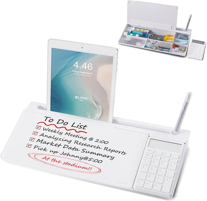 Small Glass Desktop Whiteboard Dry-Erase-Board - Computer Keyboard Stand with Calculator White Board Surface Pad with Drawer, Desk Organizers with Accessories for Office, Home, School Supplies