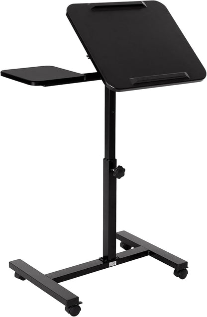 Seville Classics Airlift Height Adjustable Mobile Rolling Laptop Cart Computer Workstation Desk, Table for Home, Office, Classroom, Hospital, w/Wheels, Black, Tilt w/Side Table (28") (New Model)