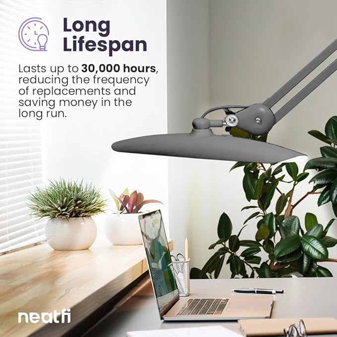 Neatfi XL 2,200 Lumens LED Desk Lamp with Clamp, 24W Bright Architect Task Lamp, 20 Inches Dimmable Computer Light, Adjustable Desk Light for Home, Office, Crafts, Nails & Hobbies (Non-CCT, Silver)